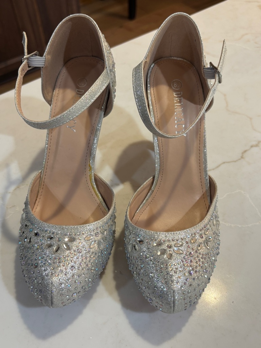 Delicacy Crystal Embellished Ankle Strap Heels Silver Size 8.5 NWOT